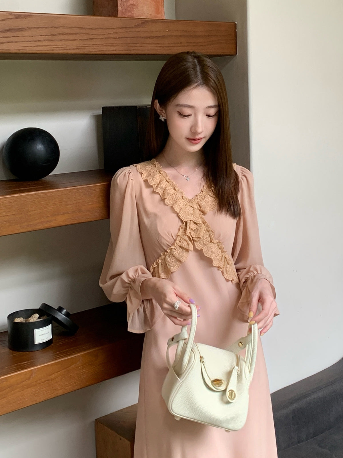 【dress】ギャザーフリルロングワンピース Q8933