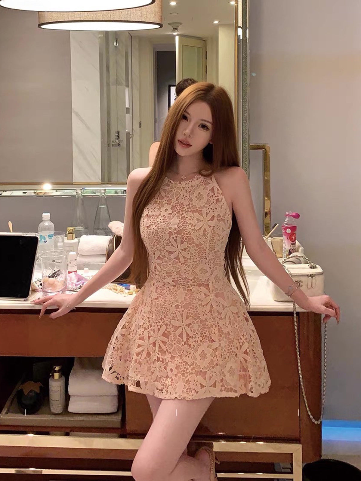 【dress】リボンベルトレースワンピース Q8755
