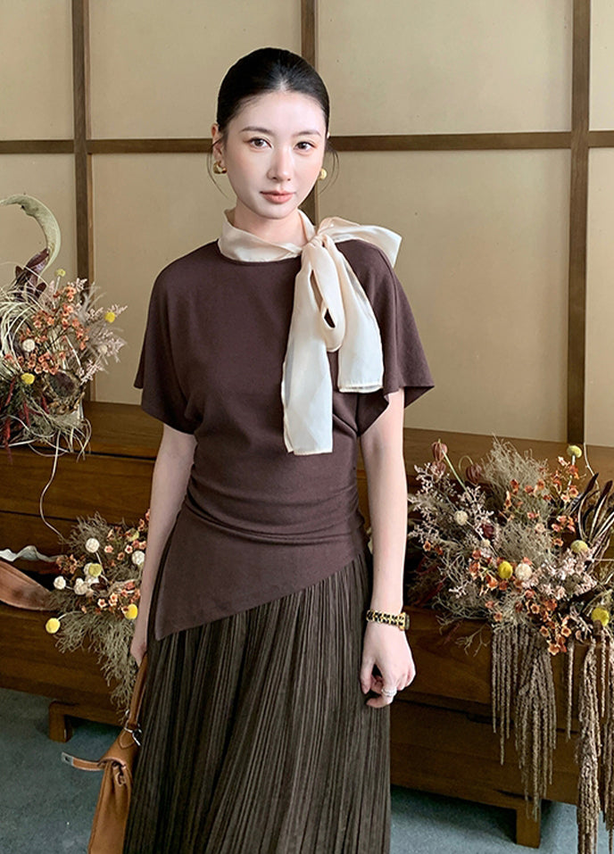 【tops】スカーフネック半袖ニットトップス Q8943