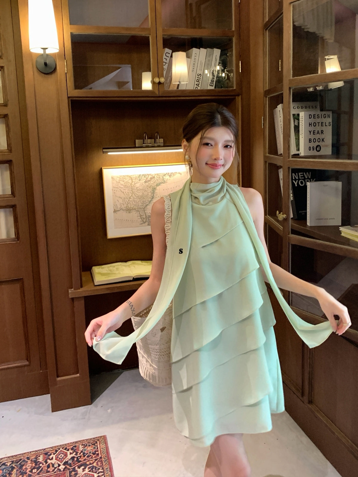 【dress】 スカーフネックシフォンティアードワンピース Q8882