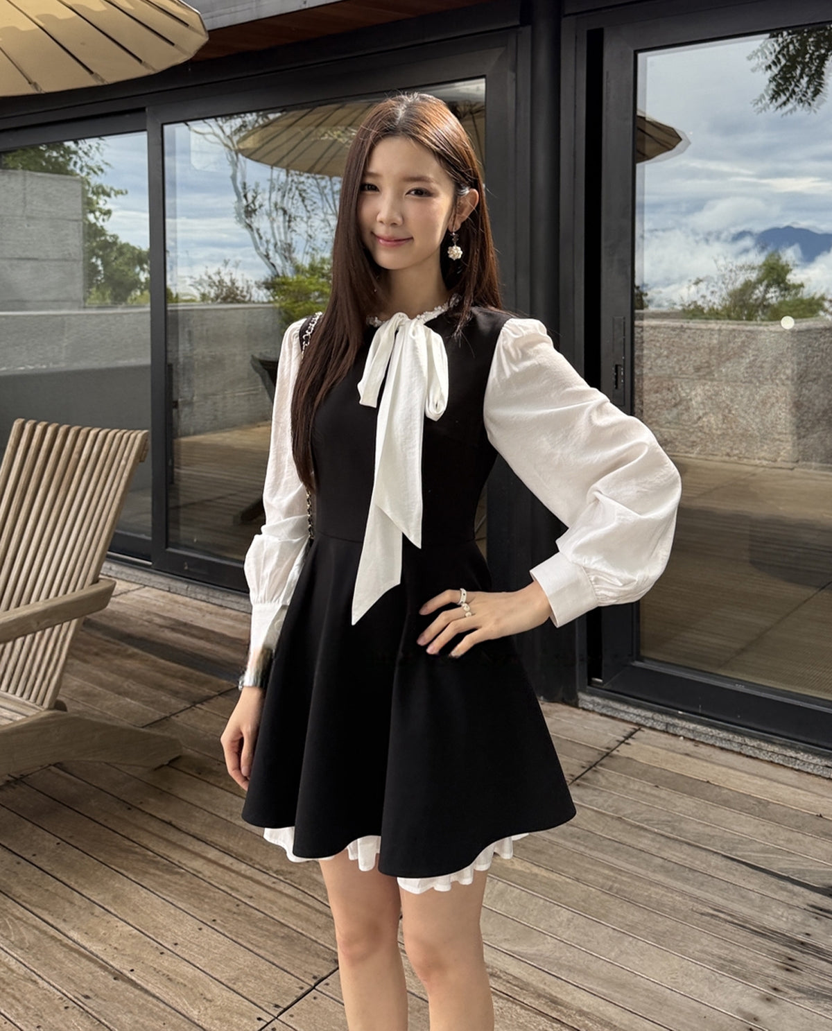 【dress】リボン付きフェイクレイヤードワンピース Q8928
