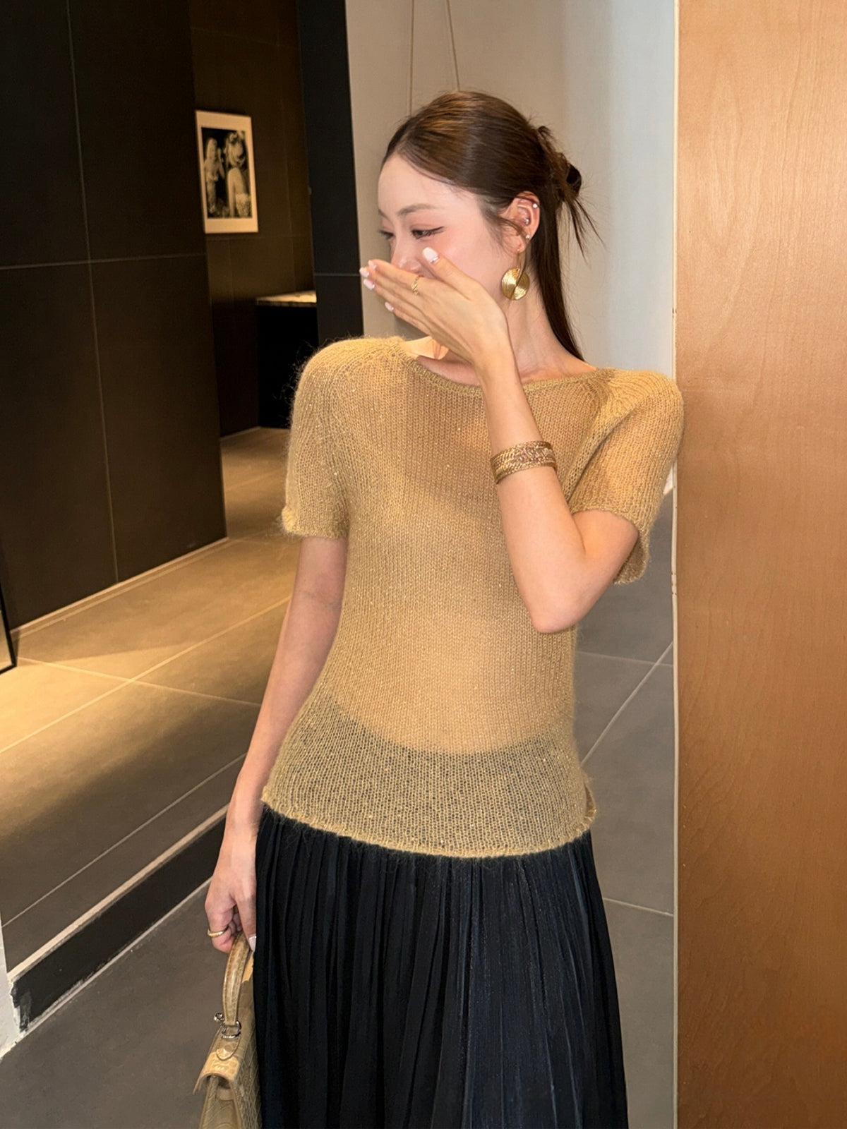 【tops】バックリボン半袖ニットトップス Q8979