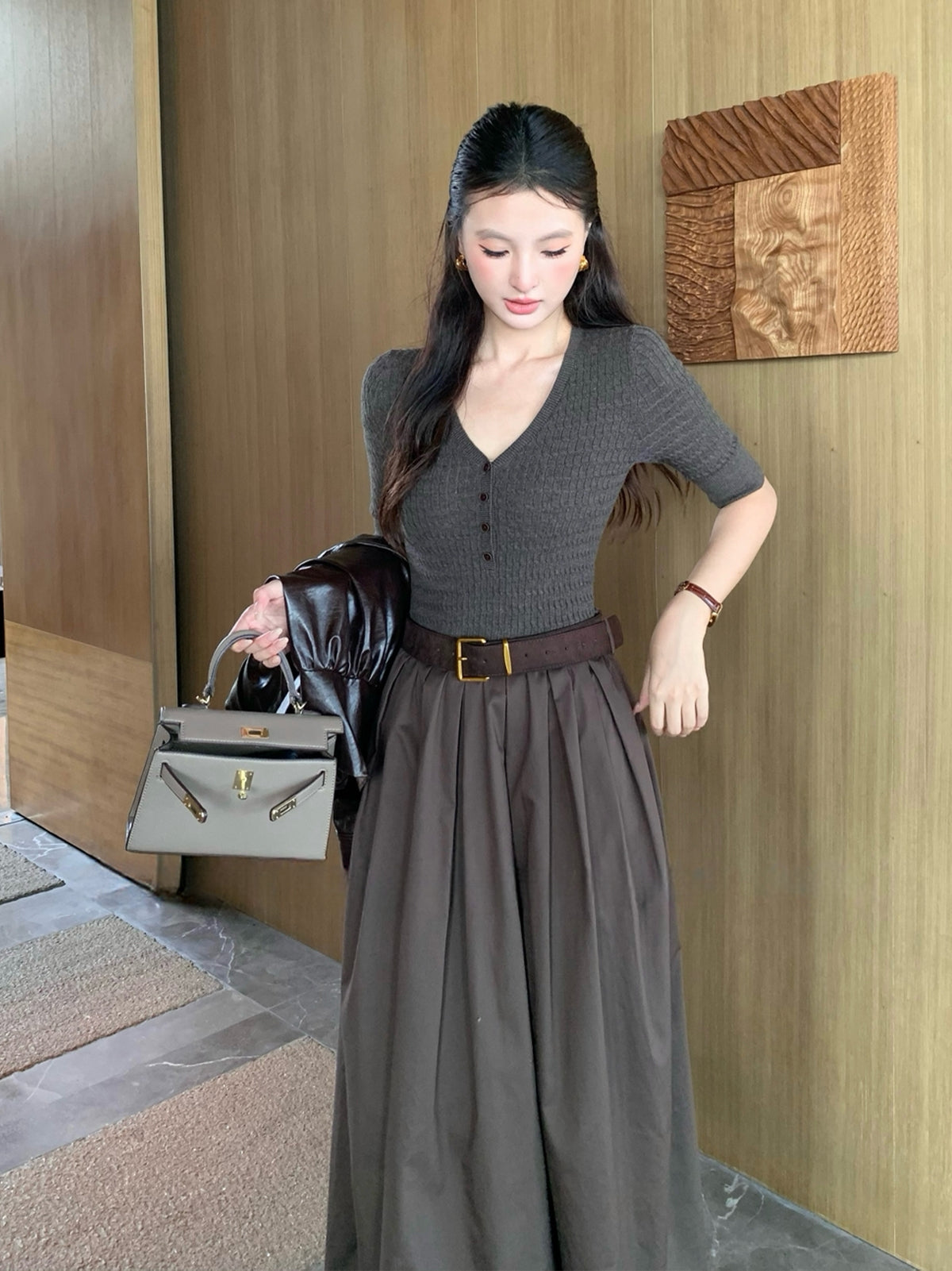 【dress】半袖ニットドッキングロングワンピース Q8920