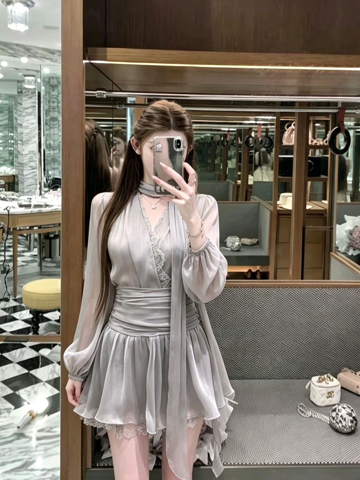 【set】レースドッキングブラウス×ミニスカートセット Q8898