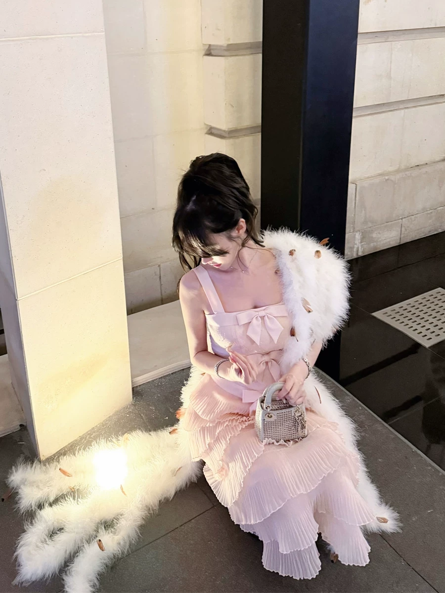 【dress】リボン付きティアードキャミワンピース Q7679