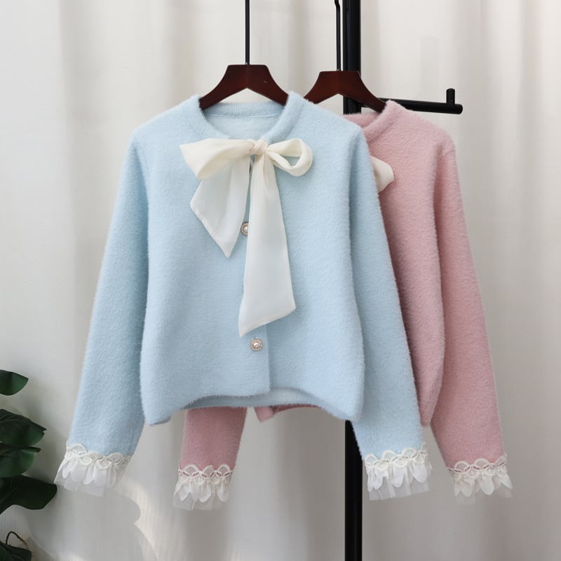 【outer】リボン付きニットカーディガン Q6951