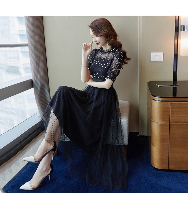 【dress】好感度UP!気質満点フェミニンレース体型カバードット柄ワンピース G0506