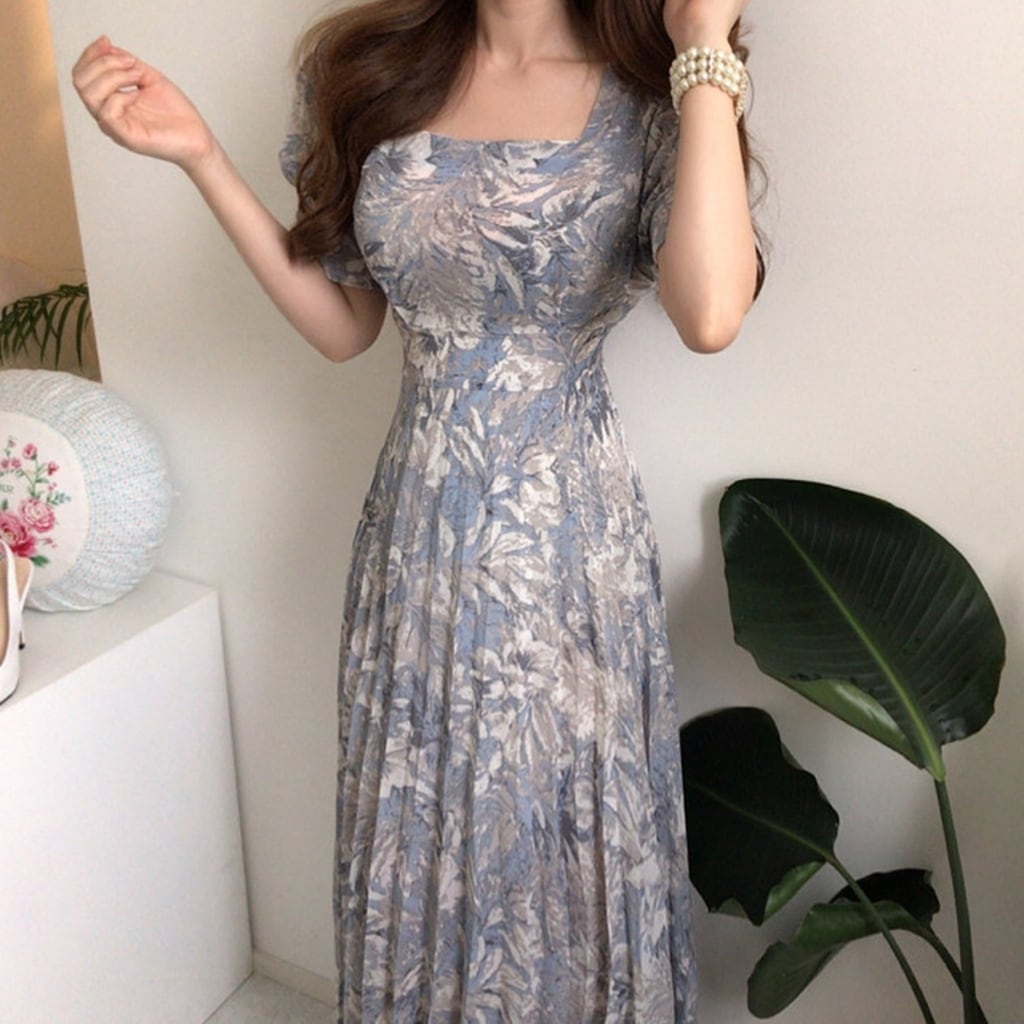 【dress】エレガント!気質満点レトロ韓流スタイルスクエアネックワンピース G6762