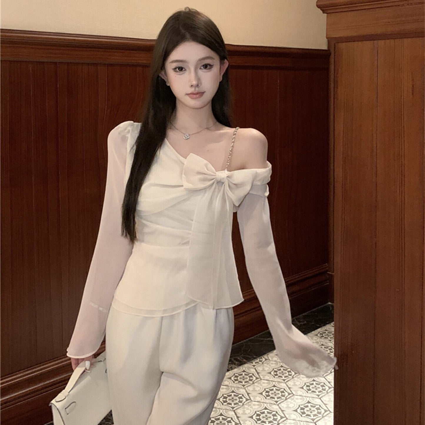 【tops】リボンチェーンストラップトップス　N3025