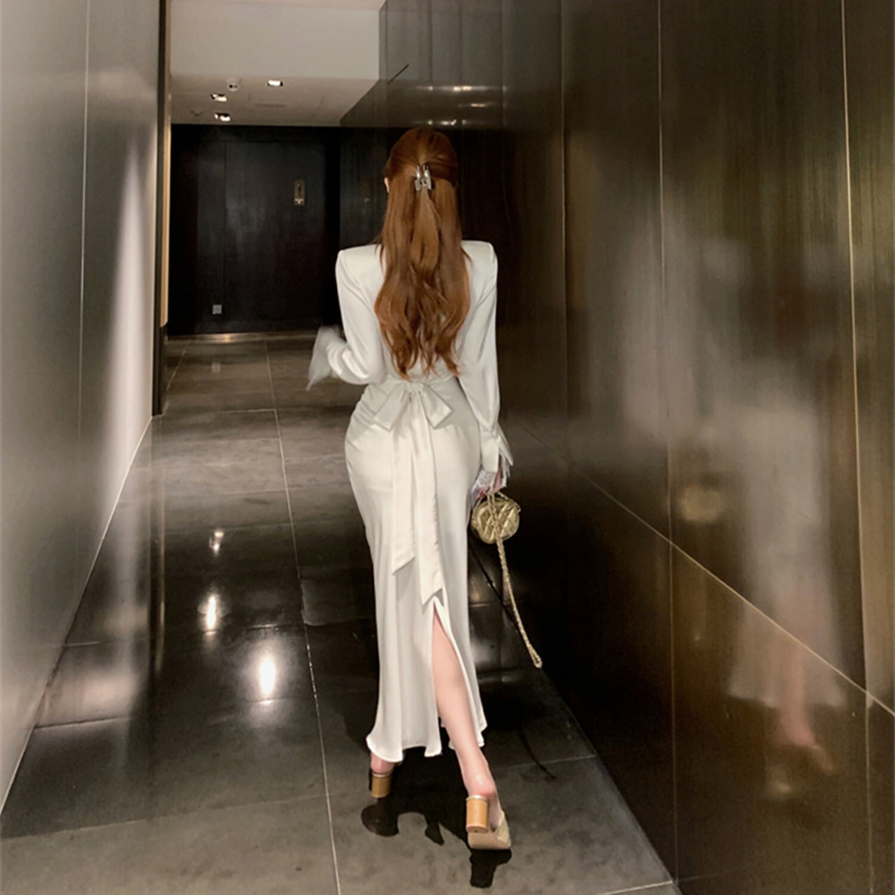 【dress】レース切り替えウエストリボンワンピースF8139　