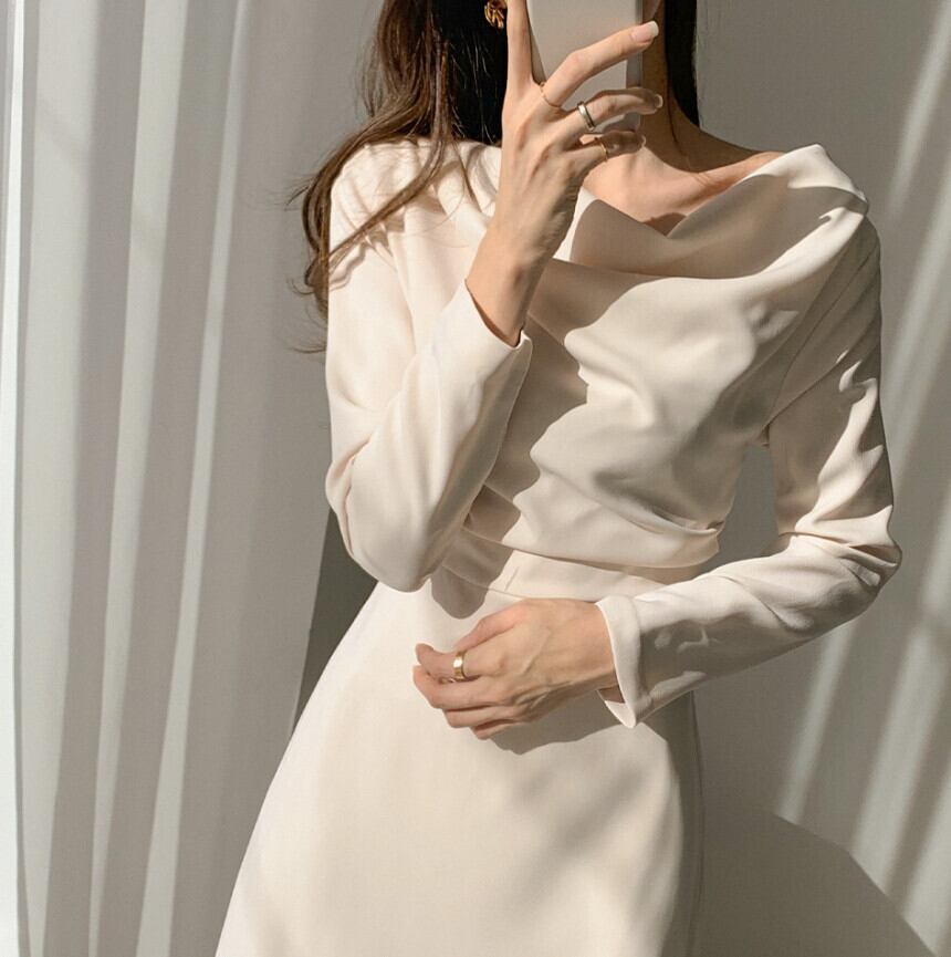 【dress】エレガント気質満点シンプル不規則着痩せハイウエスト長袖ワンピース G2964