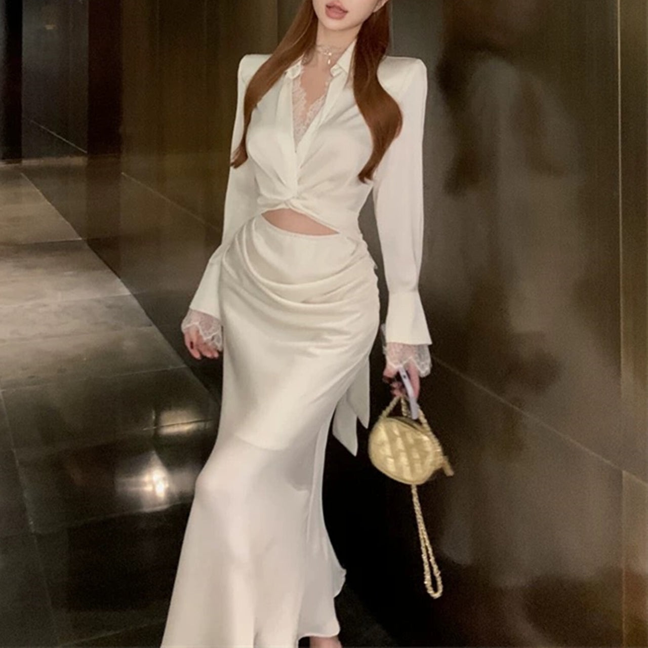 【dress】レース切り替えウエストリボンワンピースF8139　