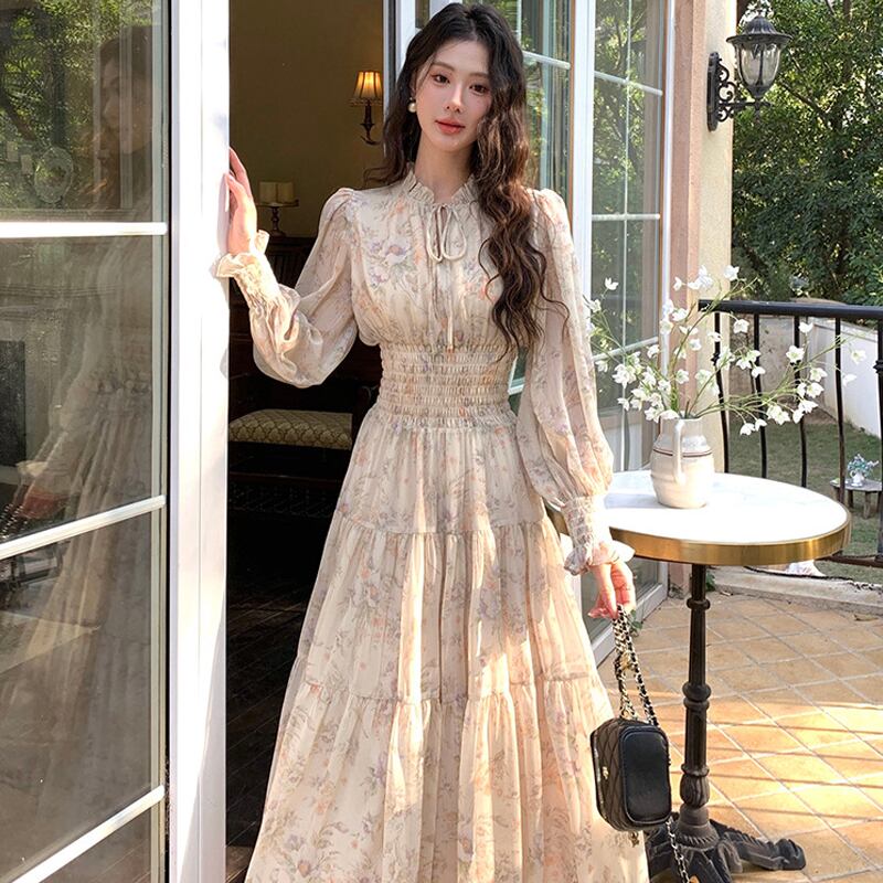 【dress】フラワー柄シフォンAラインロングワンピース Q7978