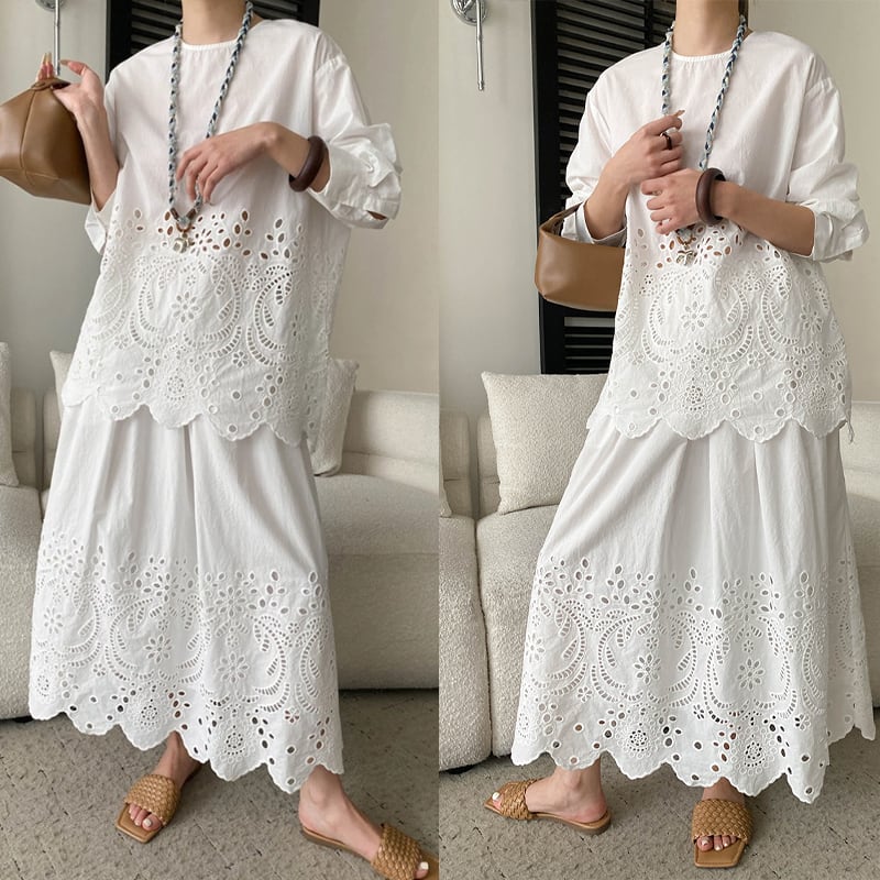 【set】アイレットレーストップス×ロングスカートセット Q8399