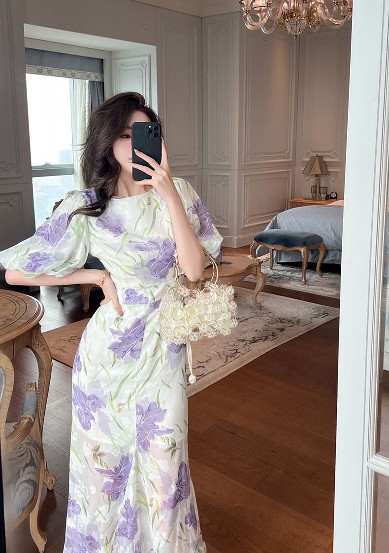 【dress】オシャレ度満点〜OL通勤夏新作ラウンドネック半袖パフ袖花柄配色ワンピースF5441