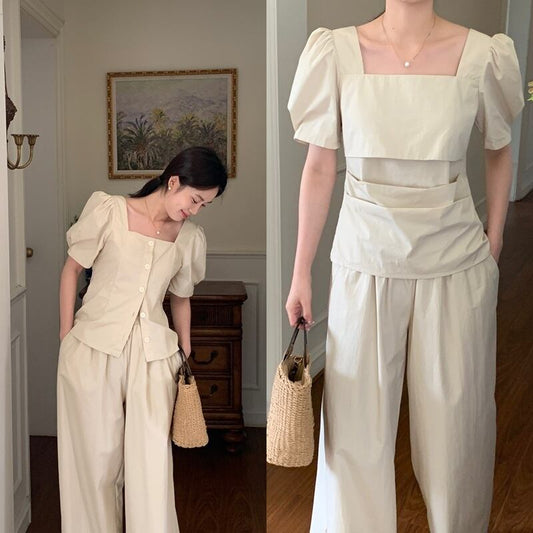 【set】パフスリーブブラウス+ガウチョパンツ２点セットG21365