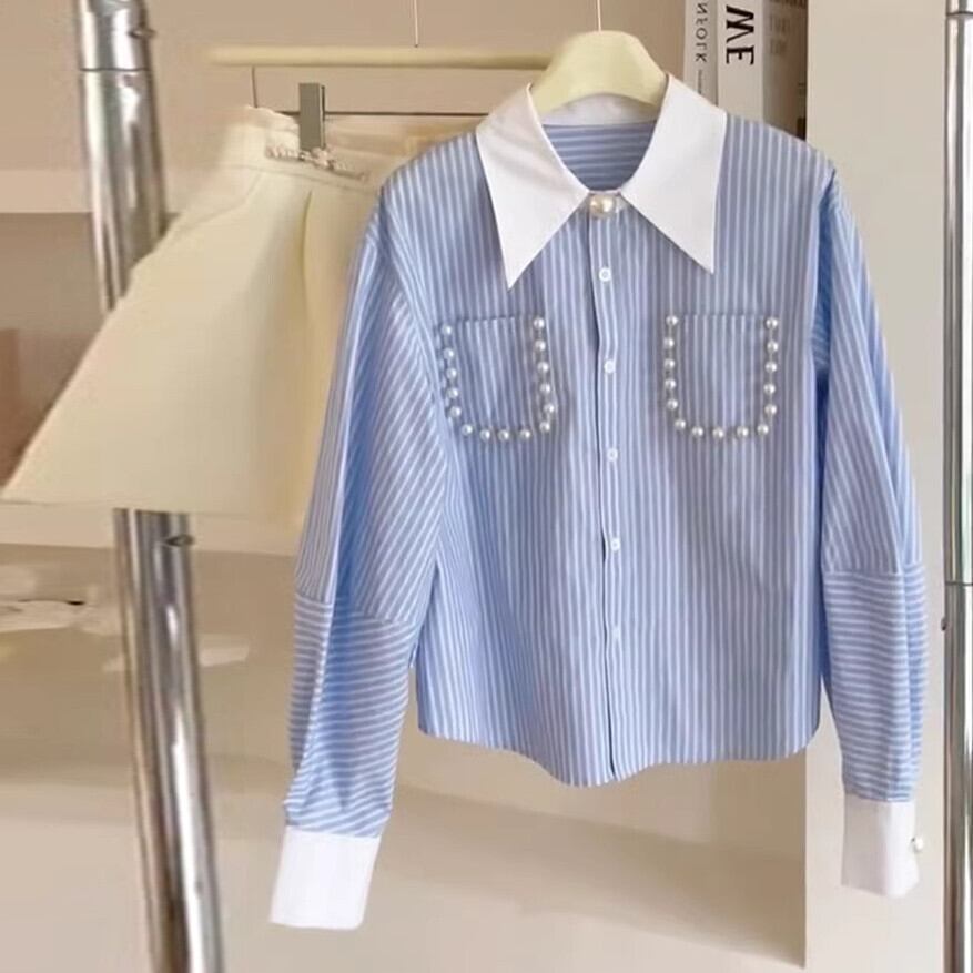 【tops】パールストライプ柄シャツトップス　M29720