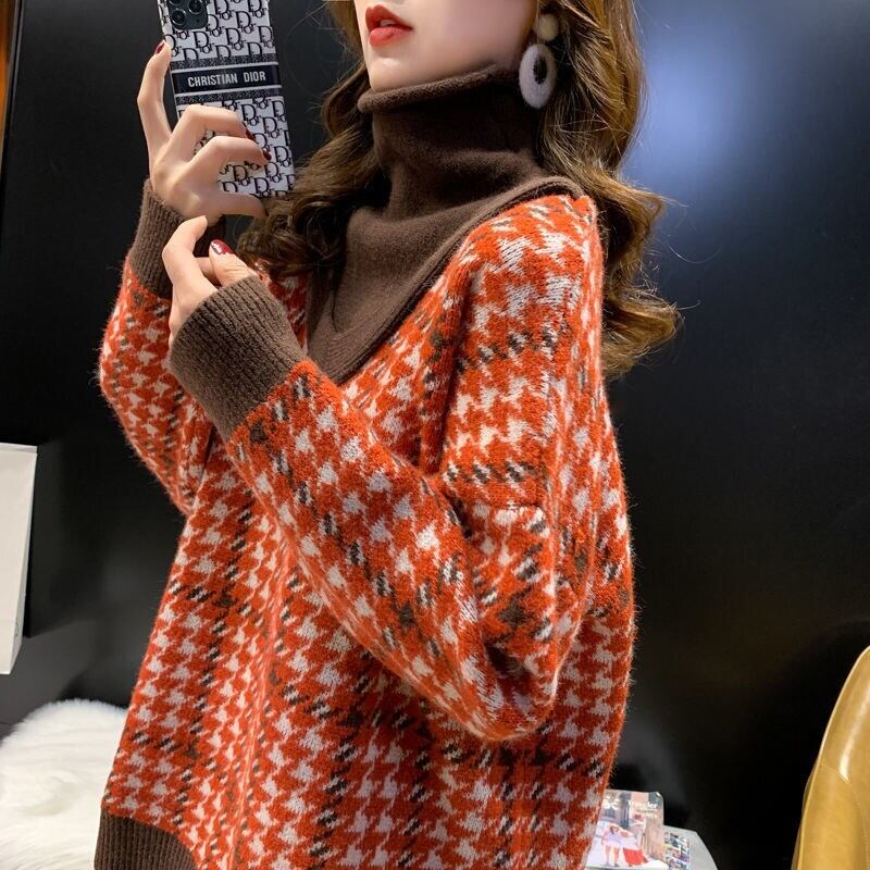 【tops】美人度アップ!韓国系ハイネック偽二つ切り替え秋冬ゆったりルーズ厚手セーター G3658