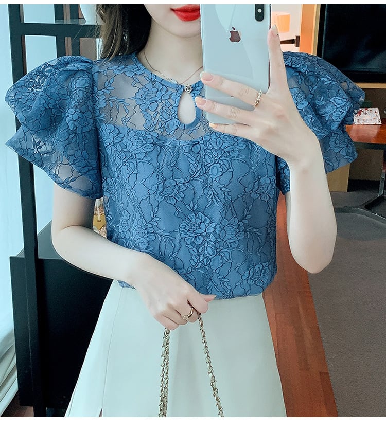 【tops】透かし彫りレースブラウスG21385