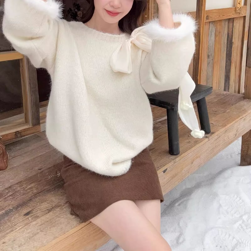 【tops】リボン付き袖ファーニットトップス Q7292