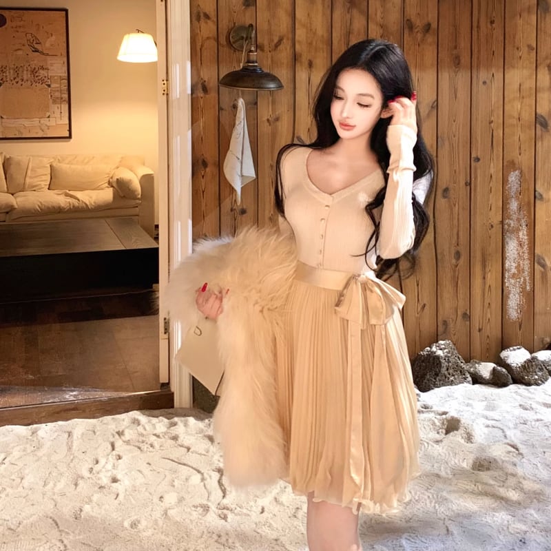 【dress】リボン付きプリーツニットワンピース Q7283
