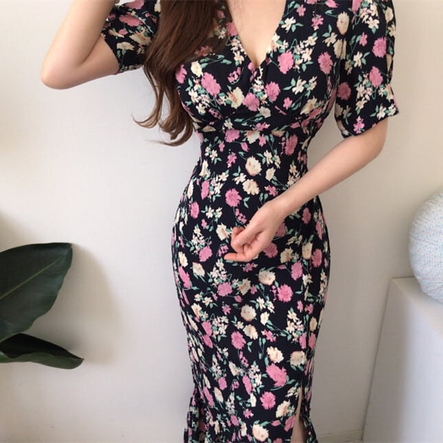 【dress】花柄スリットワンピース　M24720