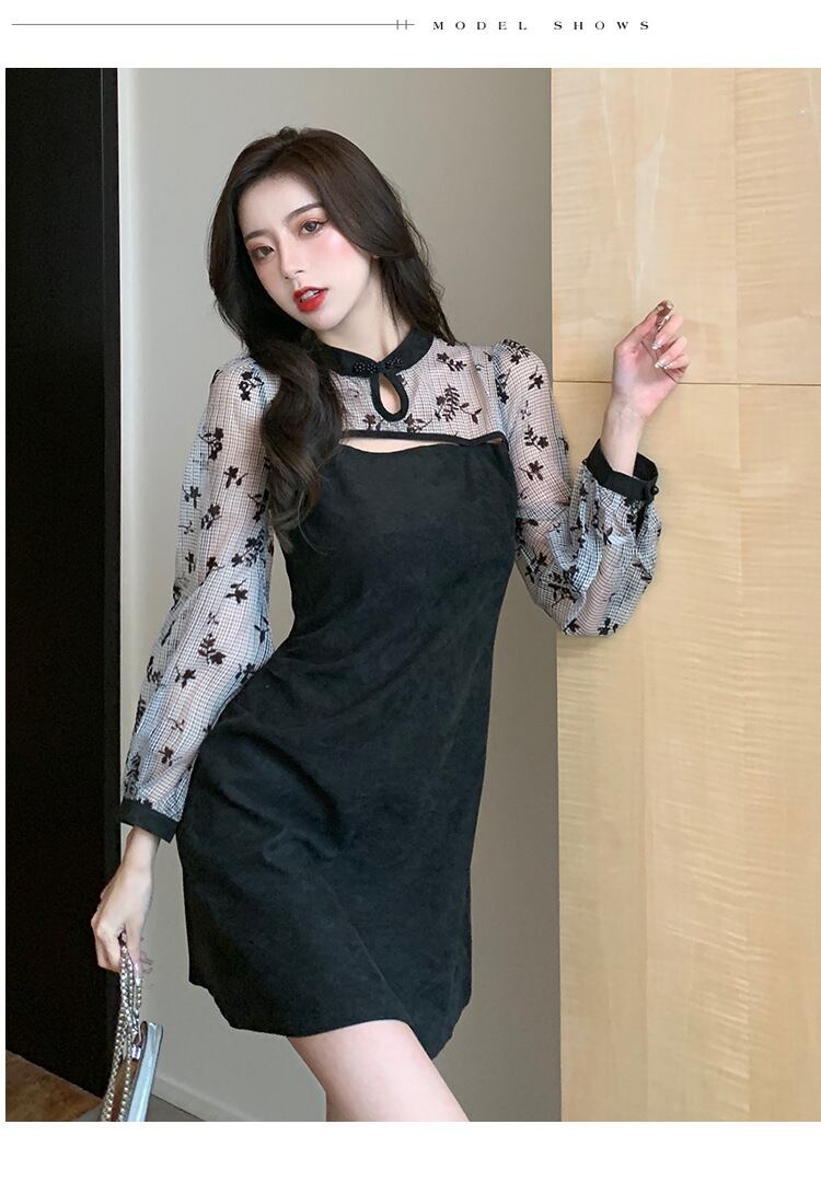 【dress】韓流スタイル!気質満点秋冬スタンドネックデザイン切り替えワンピース G2066