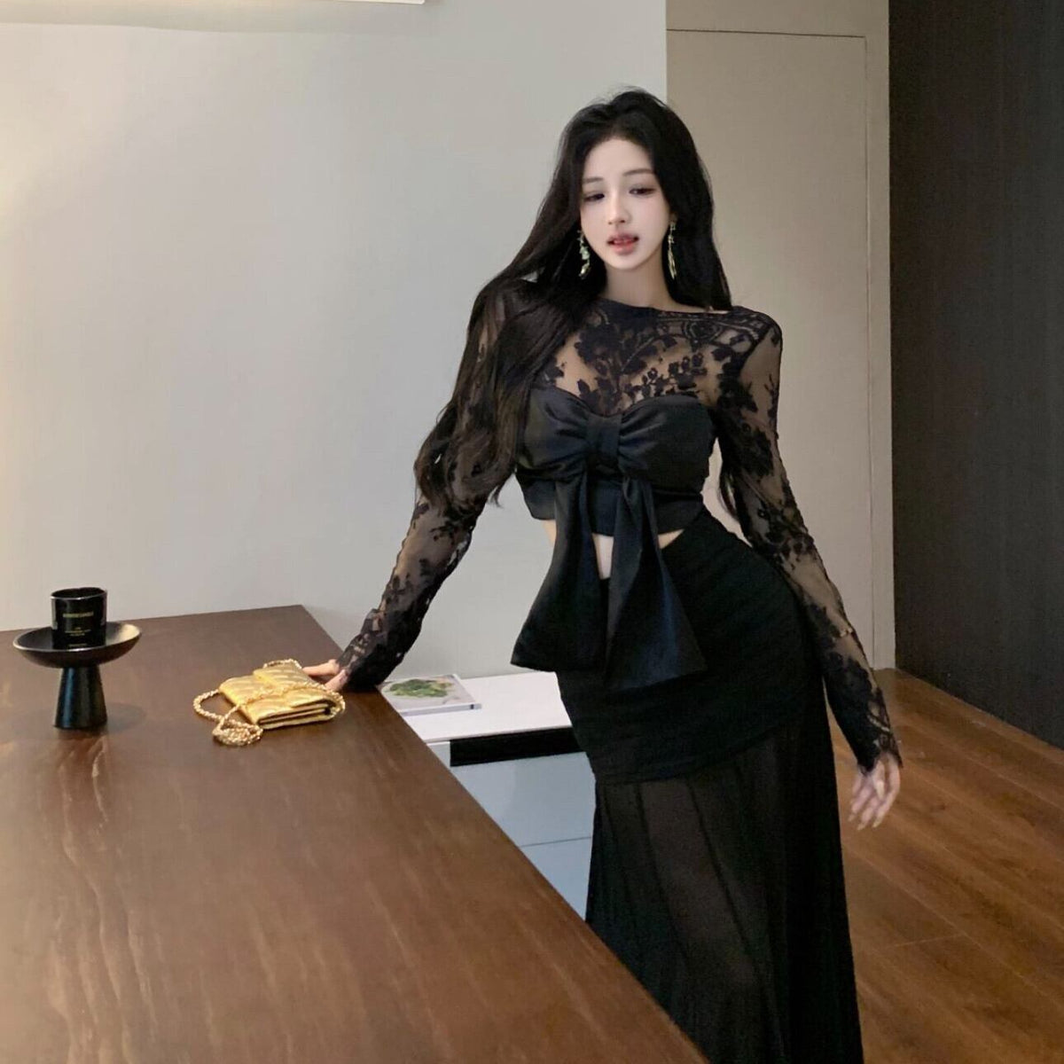 【set】リボン付きレーストップス×ロングスカートセット　N2763