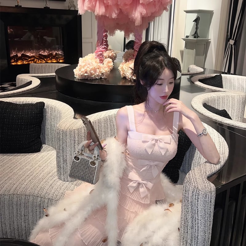 【dress】リボン付きティアードキャミワンピース Q7679