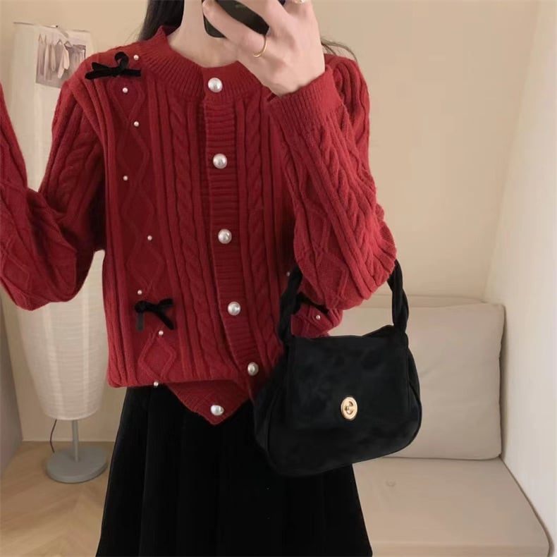 【outer】リボン付きパールニットカーデ　M25848