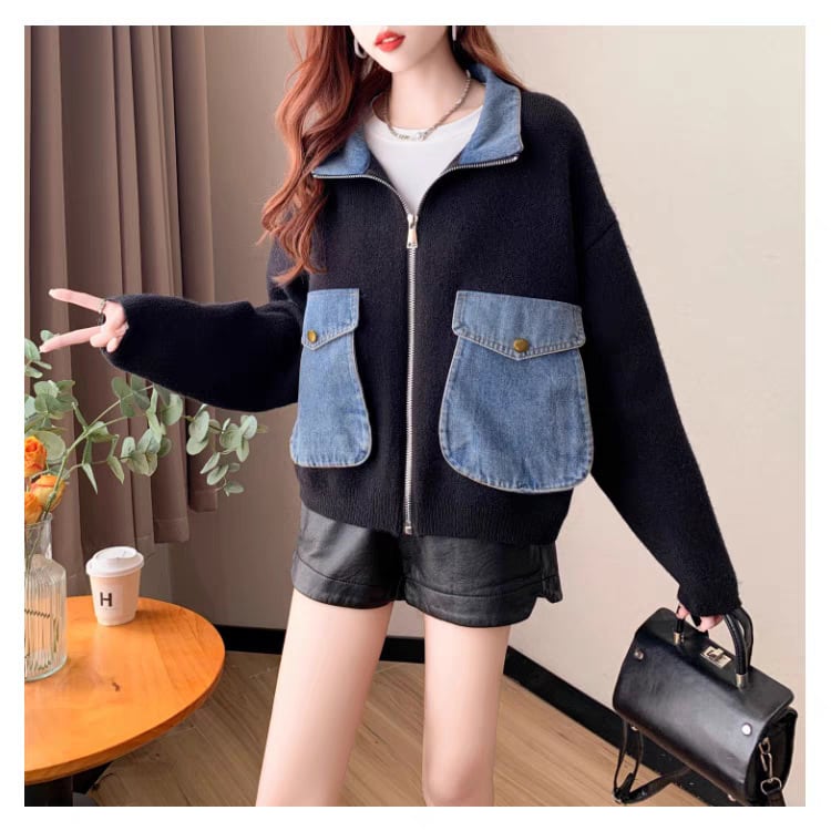 【outer】デニム切り替えニットカーデ　M25745