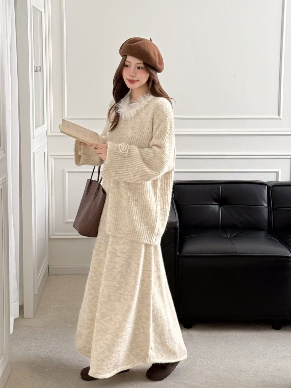 【set】ファーネックニットトップス×ロングスカートセット Q6956