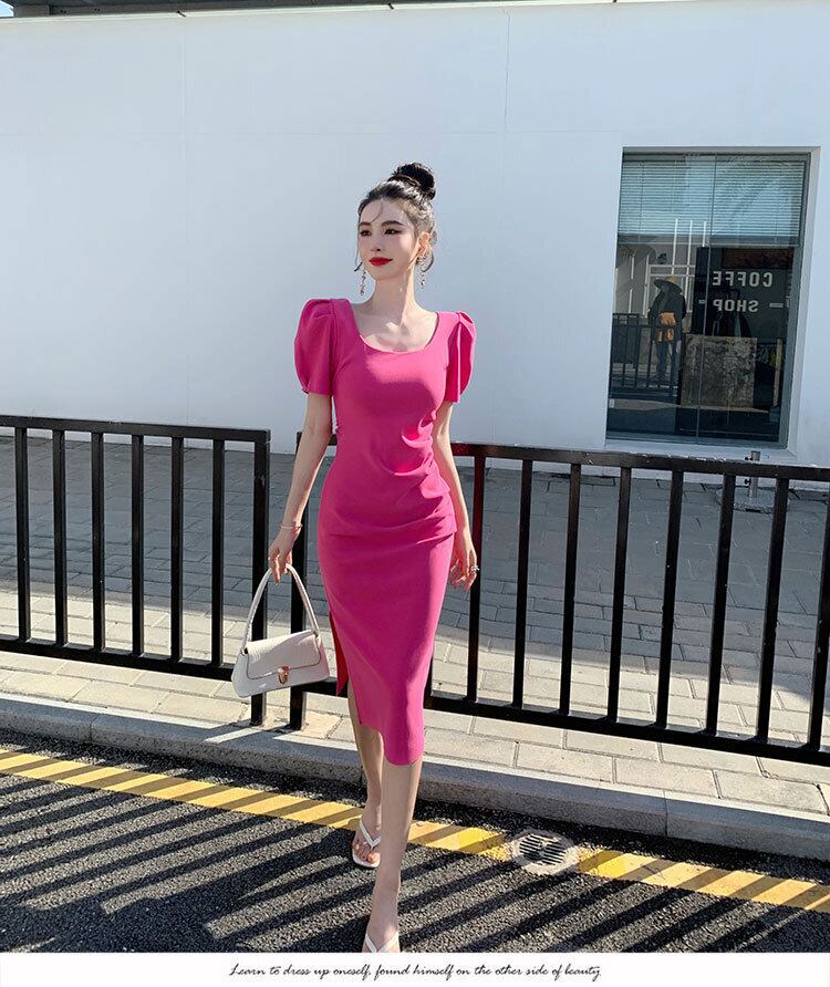 【dress】一目惚れ！韓国風INS風OL通勤スクエアネック半袖パフ袖スリット無地タイトワンピースF2364