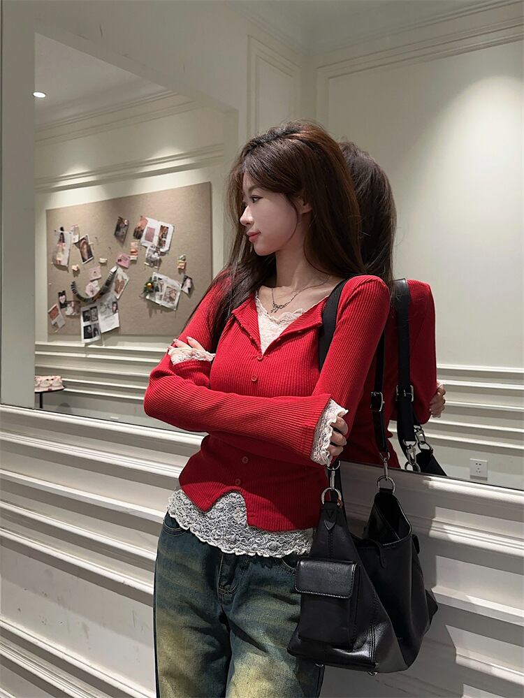 【【tops】レースドッキングニットトップス　M28831
