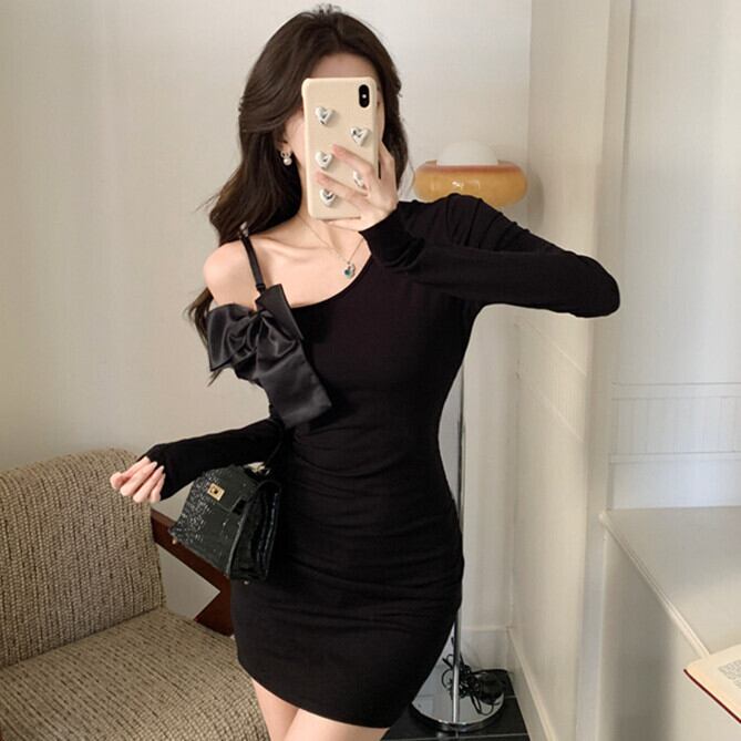 【dress】オフショルダーリボン付きワンピース　M29344