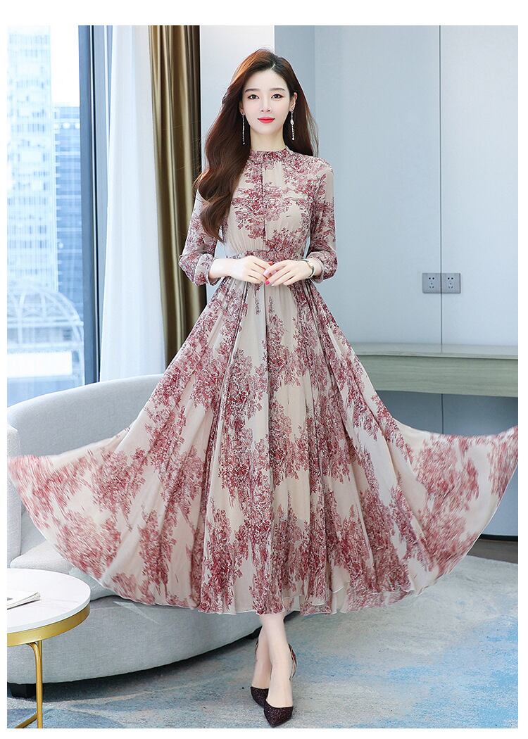 【dress】今季トレンド7分袖ウェスト絞りギャザー海旅行花柄配色大振り子シフォンロング丈ワンピースF1732