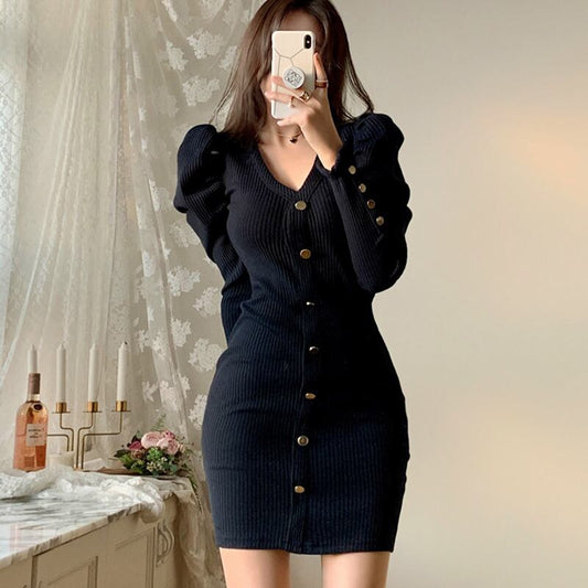 【dress】好感度UP!気質満点レトロ秋冬Vネック体型カバーお洒落ニットワンピース G2420