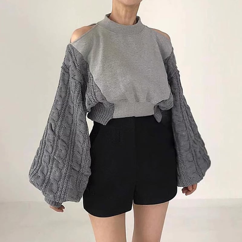 【tops】ニット切り替えオフショルダープルオーバー　M26064