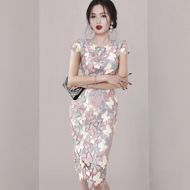 【dress】ノースリーブレース蝶柄ワンピース Q8426