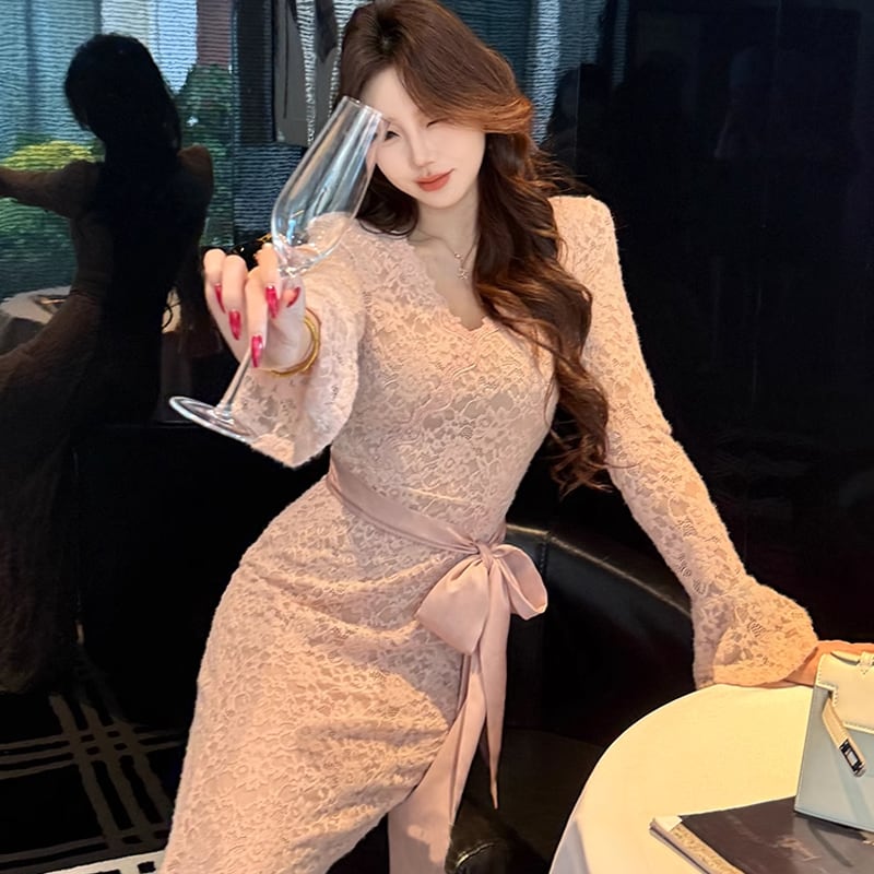 【dress】リボン付きロングレースワンピース Q7671
