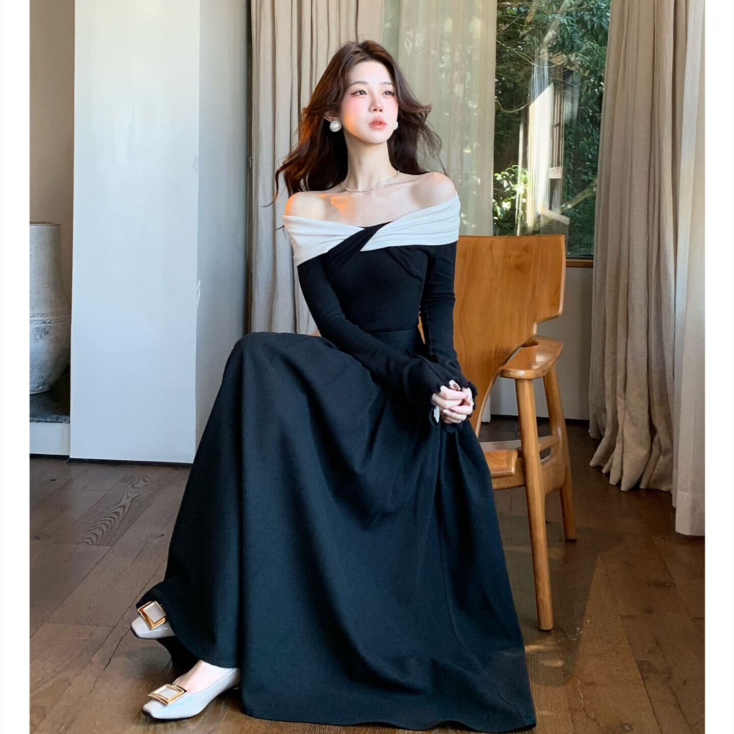 【set】オフショルニットトップス×ロングスカートセット     N3461