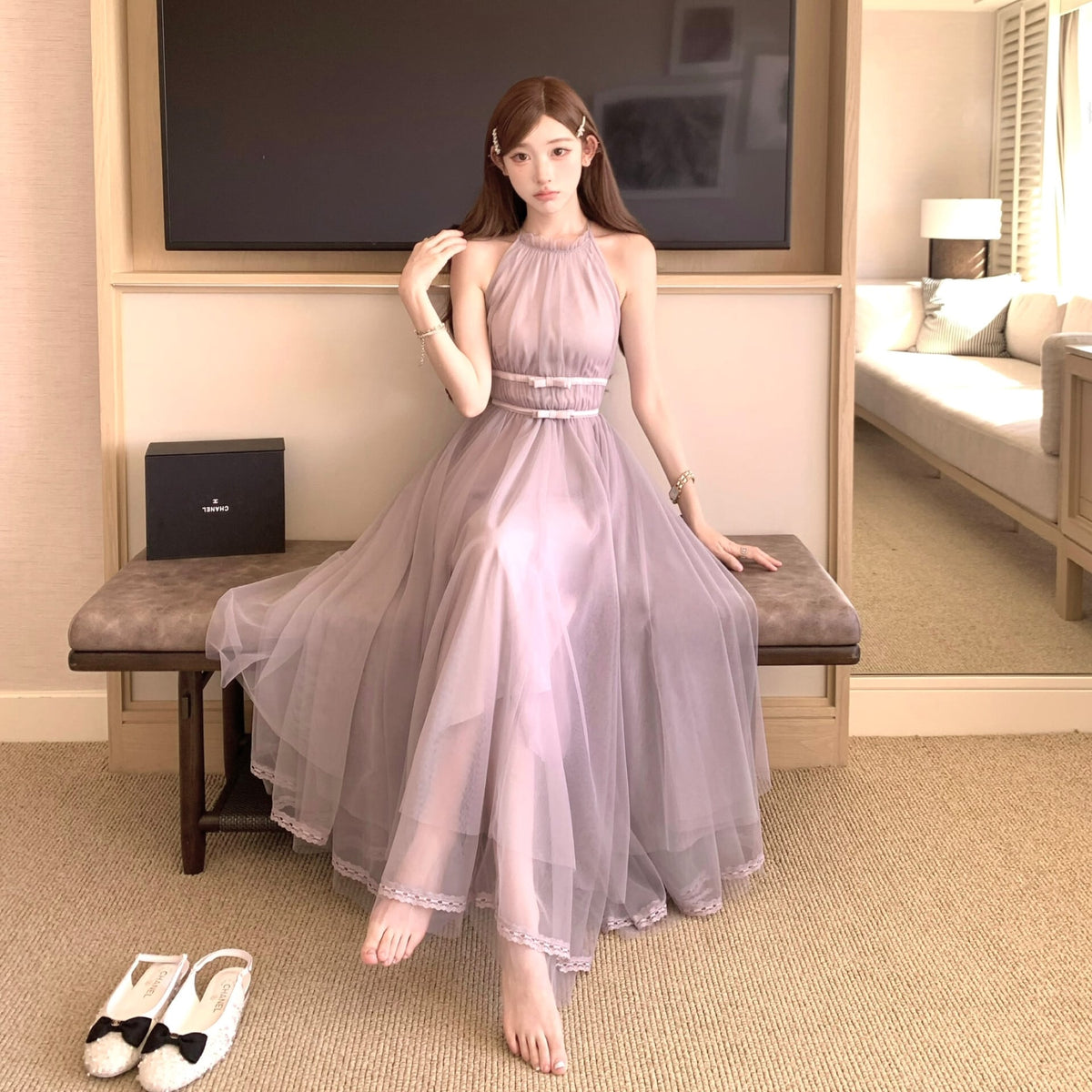 【dress】バックリボンチュールロングワンピース　N3217