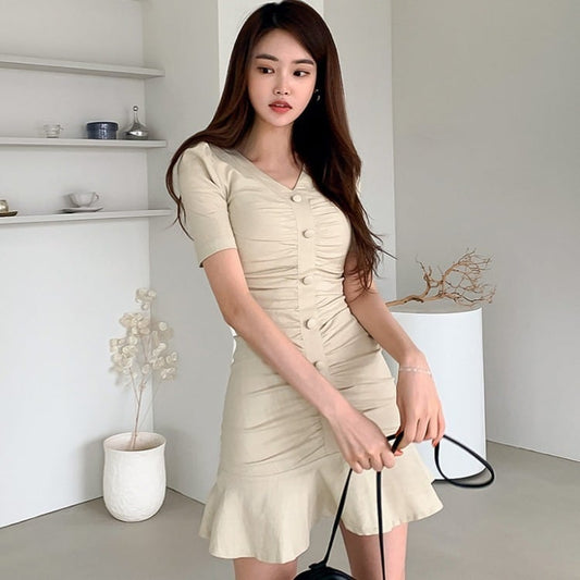 【dress】Vネックギャザーマーメイドワンピース G21460