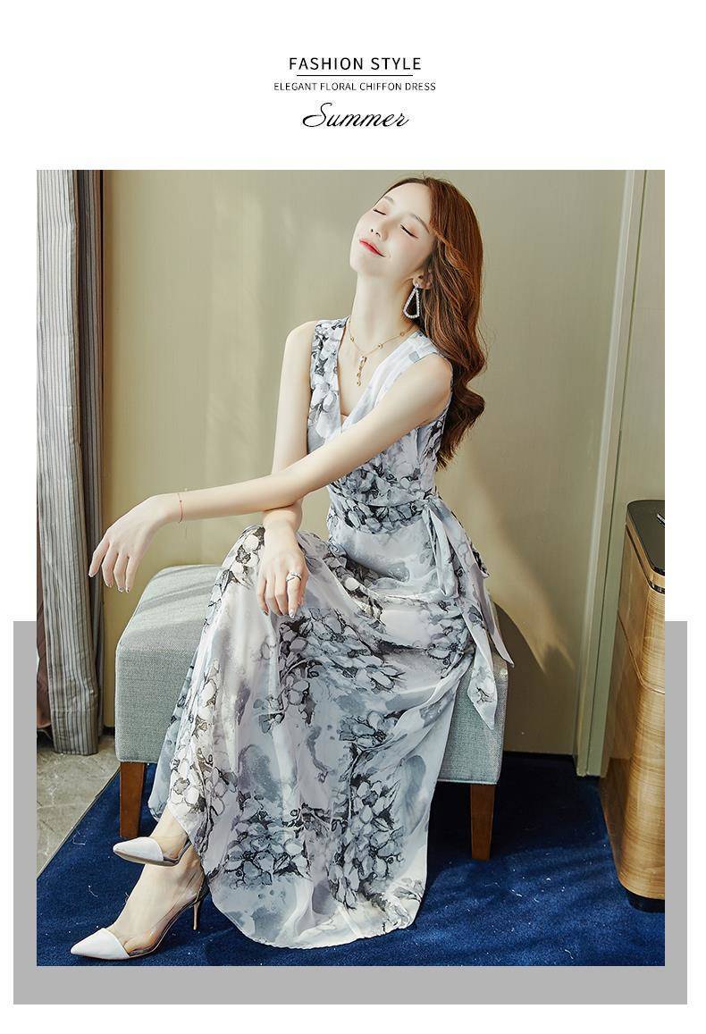 【dress】エレガント美人度アップ!気質満点Vネックシフォン着痩せワンピース G0177