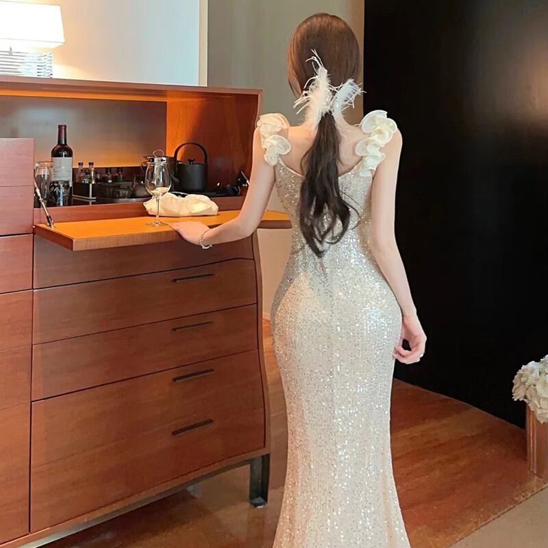 【dress】スパンコール付きオフショルダーロングワンピース Q8041