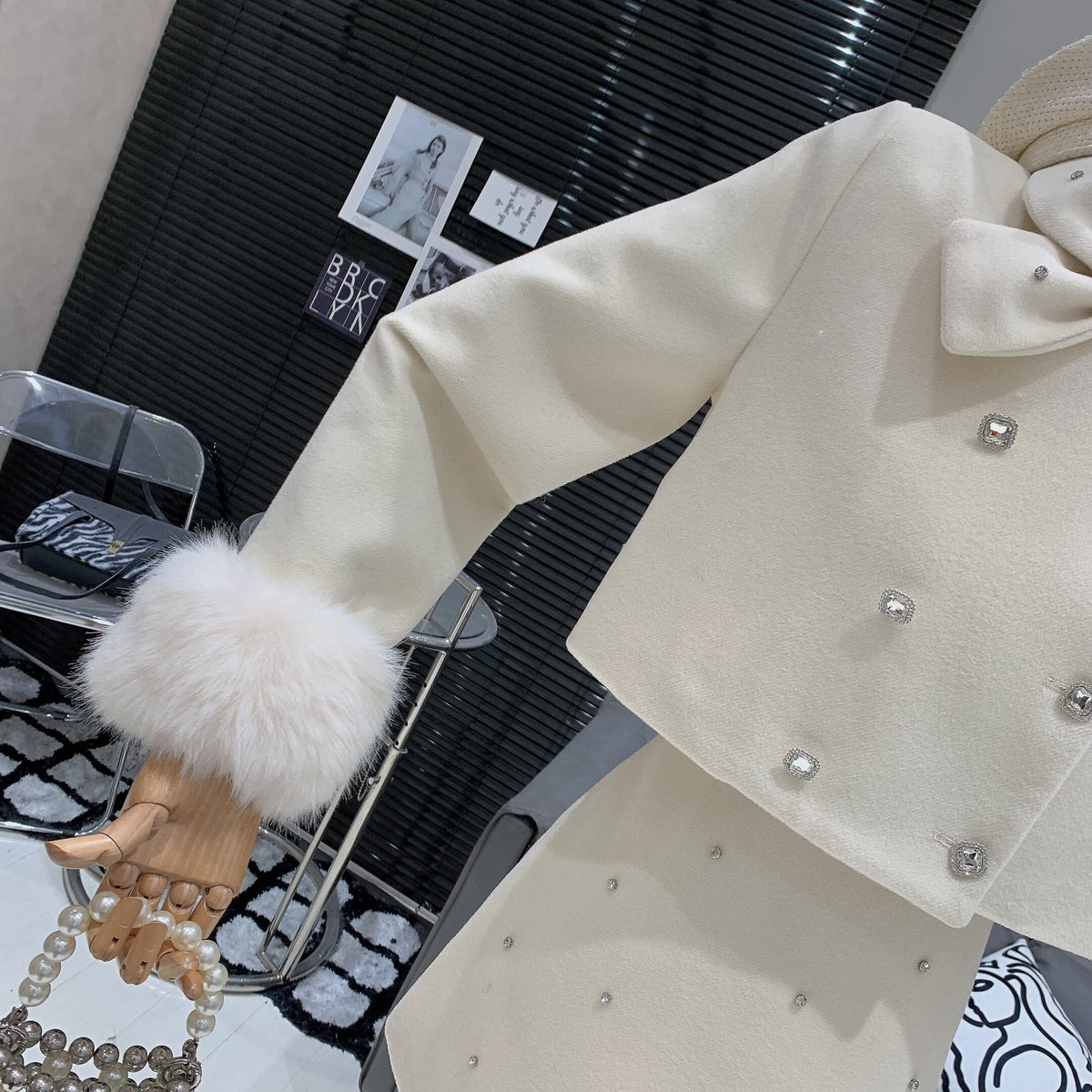 【set】袖ファーリボンジャケット×ビジュー付きスカートセット　N2924