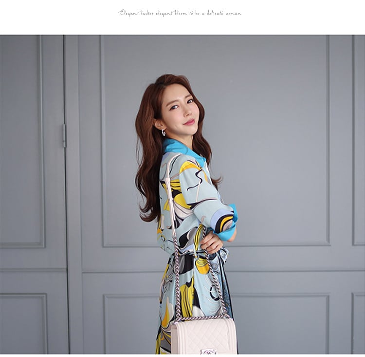 【dress】韓国風気質満点ファッション折り襟不規則 プリントワンピース G0398
