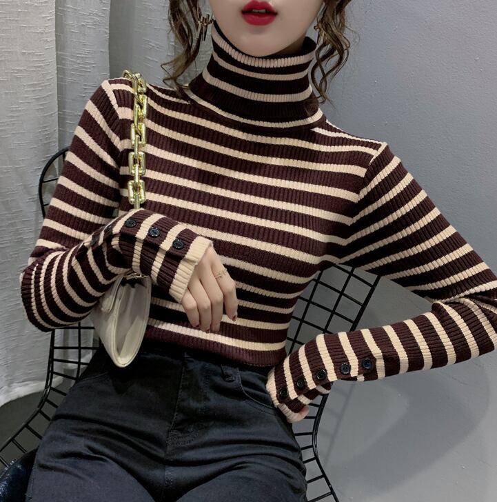 【tops】一目惚れ！4色ハイネック長袖体型カバーボーダー柄ファッションニットセーターF1046