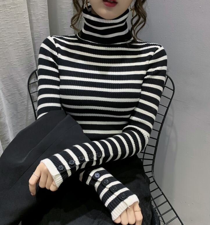 【tops】一目惚れ！4色ハイネック長袖体型カバーボーダー柄ファッションニットセーターF1046