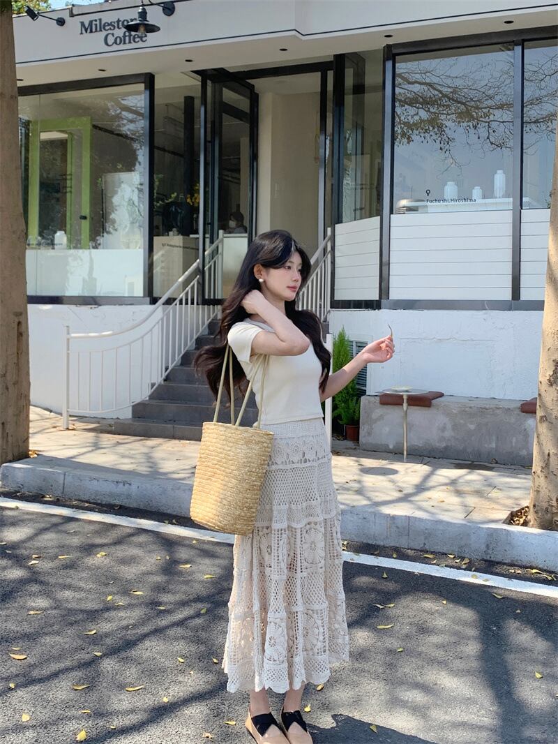 【set】トップス+レース透かし彫りスカート２点セットG21098